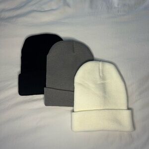 Set of Three Beanies - Black, Gray, and White